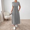 Crew Neck Solid Color Dress - Short Sleeve Drawstring Waist Side Pocket Shift Dress, Casual Breathable Cotton Tunic, Minimalist Everyday Outfit