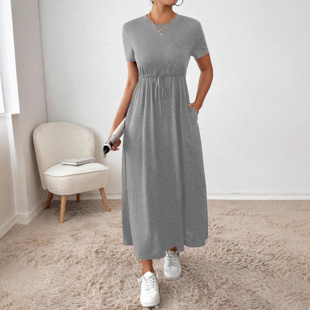 Crew Neck Solid Color Dress - Short Sleeve Drawstring Waist Side Pocket Shift Dress, Casual Breathable Cotton Tunic, Minimalist Everyday Outfit