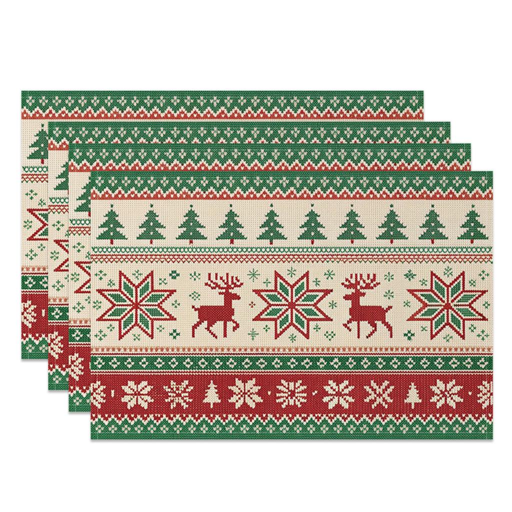 4pcs/set Christmas Placemats Linen Non Slip Heat  Red Green Resistant Table Mats Holiday Party Kitchen Wedding Dining Decoration