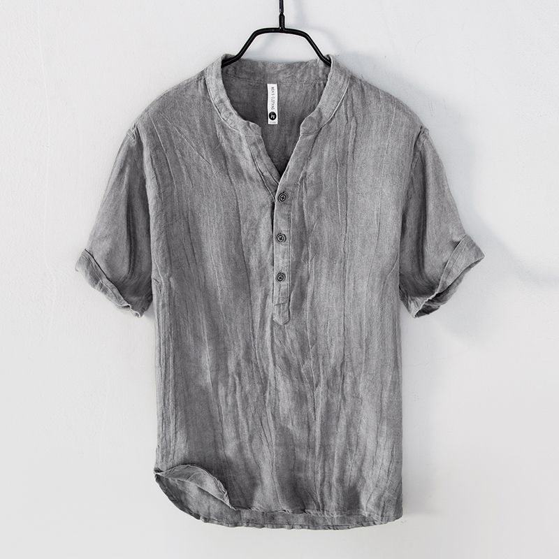 Summer Intage Pure Linen Short Sleeve T Shirt for Men Thin Solid Color Slim Men Clothing Big Size KTB