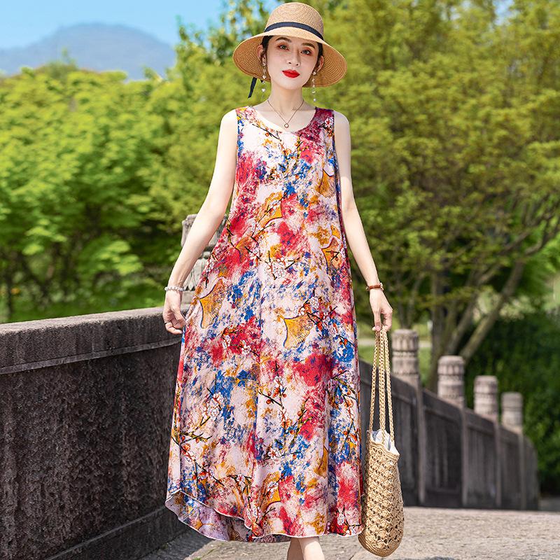 

Женское летнее новое платье из хлопкового шелка в стиле бохо, длинное пляжное платье без рукавов XL