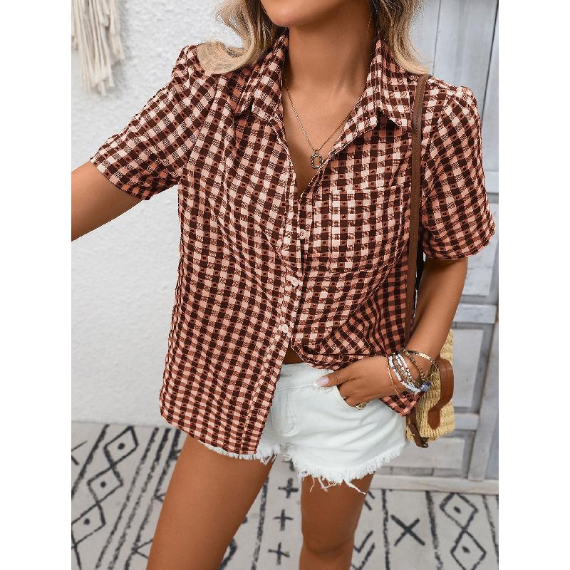 2026 Spring/Summer New Women's Loose Short-Sleeve Pocket Casual Plaid Shirt