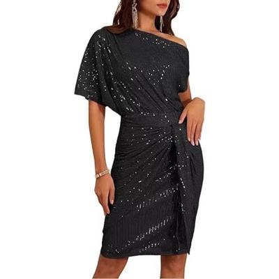 Robe de soirée à paillettes pour femmes européennes et américaines, robe plissée à une épaule, à la mode