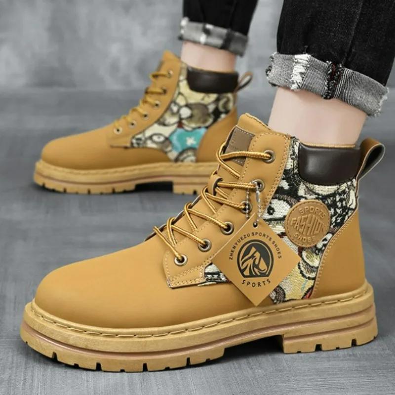 Fashion Plus Size Men's Boots Fashion Platform Ankle Boot Leather Waterproof Work Boots for Men Lace-up Short Boot Zapatillas De Deporte