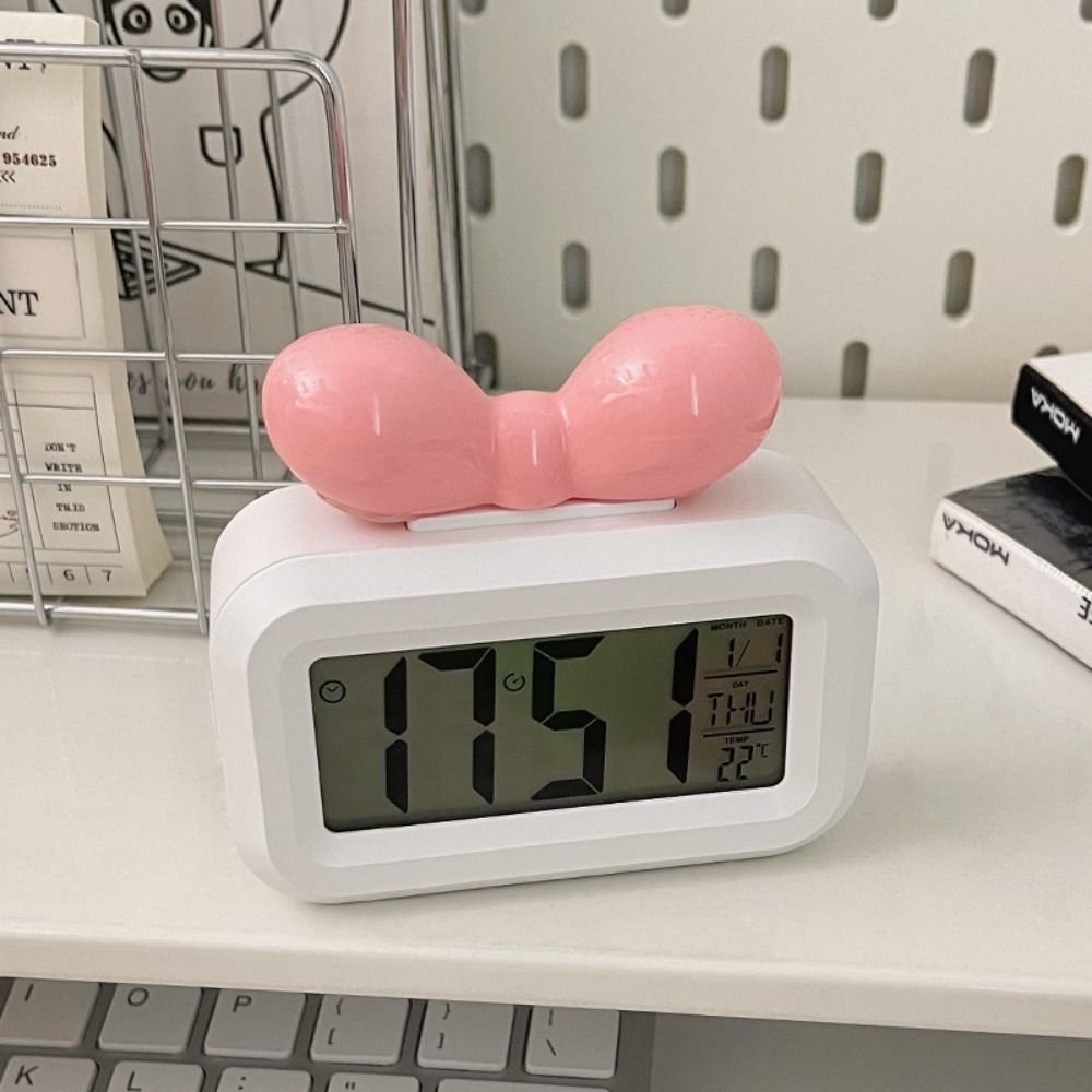 Cute Bowknot LED Digital Clock Temperature Detection Mini Alarm Clock with Night Light Gift Desktop Clock Bedside Decoration
