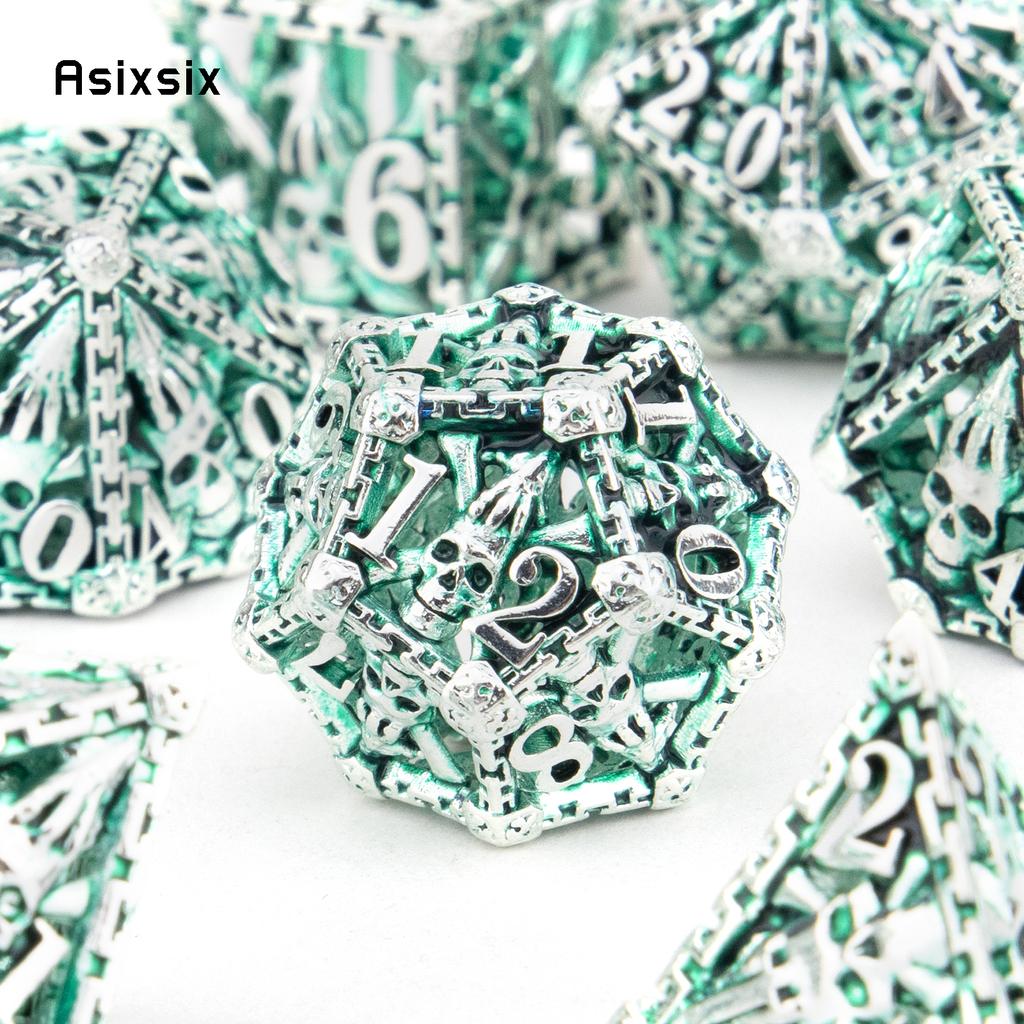 7 Pcs Silver Green Hand Skull Head Metal Dice Hollow Metal Polyhedral Dice Set Suitable for Role-Playing RPG Board  Card Game