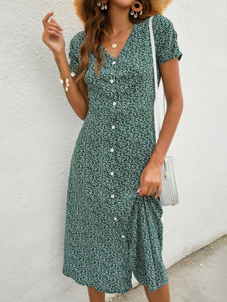 

Сукня міді з V-подібним вирізом, ґудзиками спереду, розрізом подолу та квітковим принтом XXL зелений