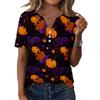 Women Fashion Casual Halloween Print V Neck Short Sleeve Decorative Button T Shirt Top for Holiday Party Daily Wear
