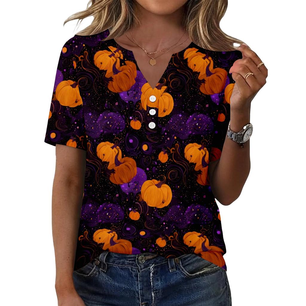 Women Fashion Casual Halloween Print V Neck Short Sleeve Decorative Button T Shirt Top for Holiday Party Daily Wear