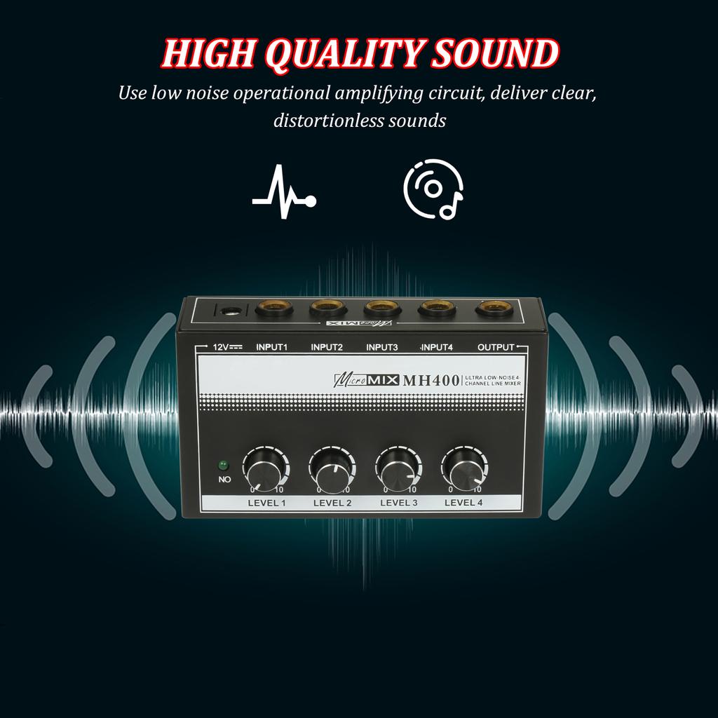 Mini mélangeur audio à 4 canaux à très faible bruit MH400, avec entrées TS 1/4 de pouce et Volume de sortie