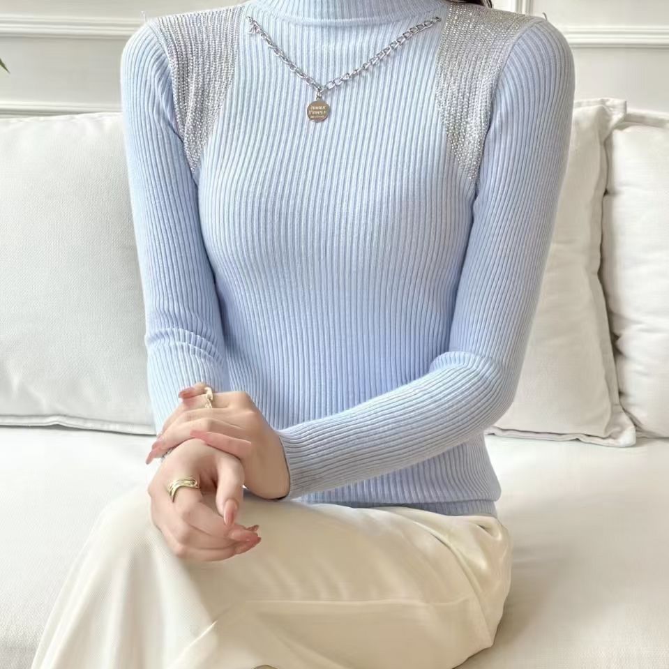 Women's Half Turtleneck Sweater Rhinestone Hollow Knit Pullover Sweater Autumn and Winter Solid Color Slim Fit Sweater Top