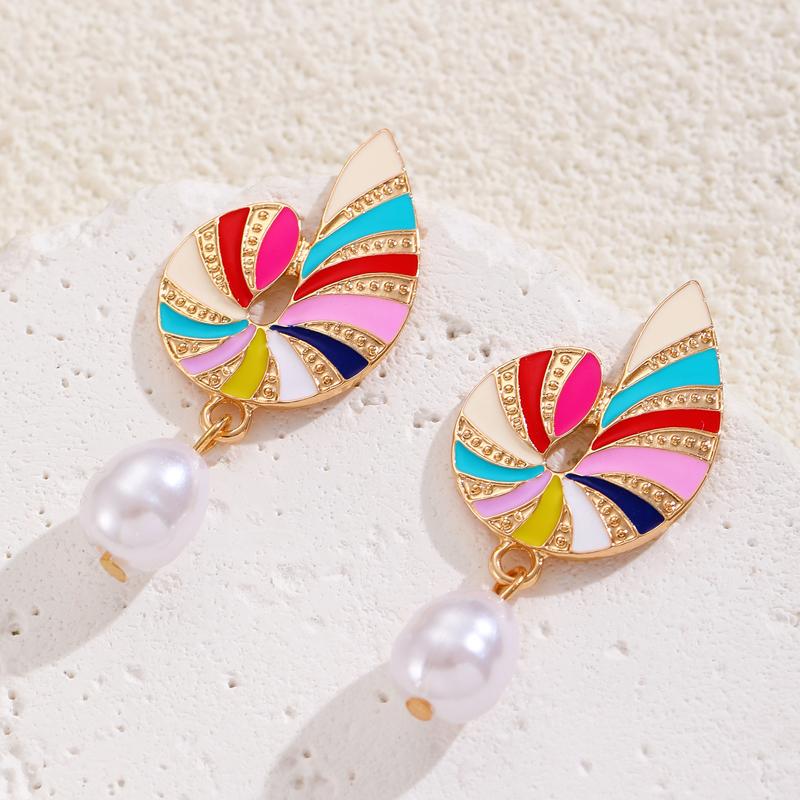 2025 New Colored Drip Oil Snail Dangle Earrings for Women Crystal Stud Earring Water Droplet Imitation Pearl Drop Earring Gifts