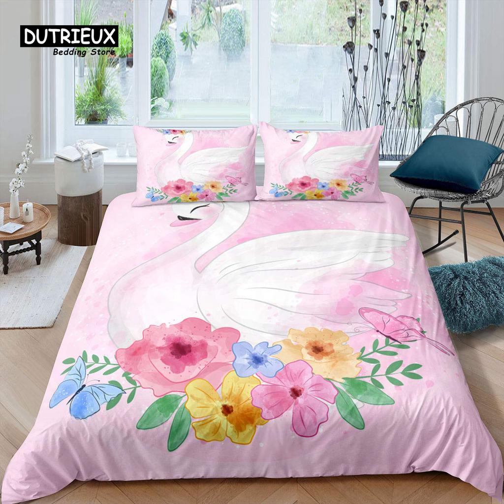 Swan Bedding Set Romantic Flowers Duvet Cover King Birds Wildlife Quilt Cover for Couple Lady Man Wedding Festival Party Decor