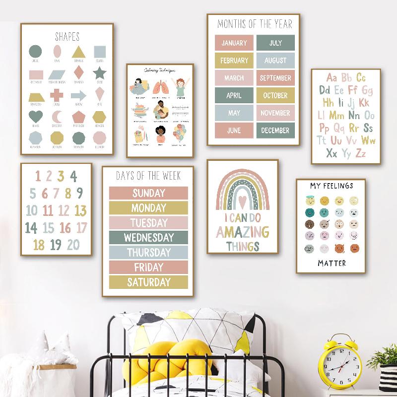 

Скандинавское образование, мультяшный алфавит, номер, радужная форма, настенное искусство, холст, живопись, постеры и принты, настенные панно, декор для детской комнаты