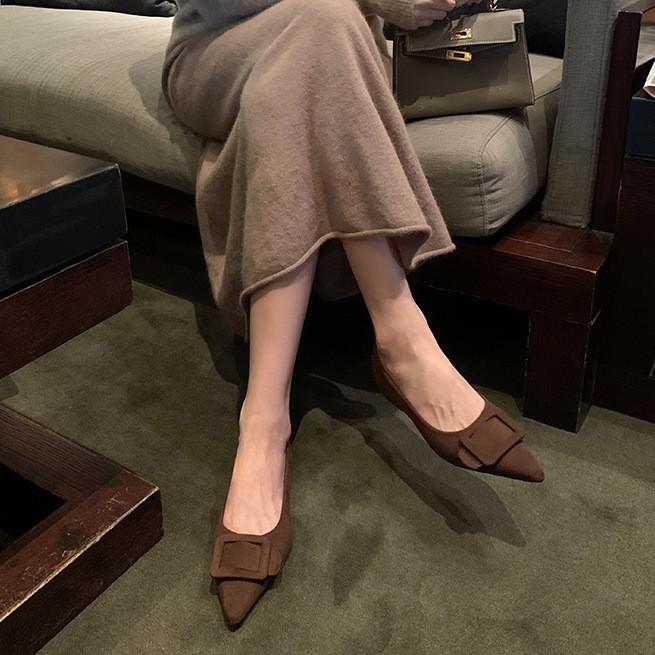 Sheepskin Version~ Square Buckle Leather Leopard Print Shoes Flat Mary Jane Shoes Women's Shallow Mouth Single Shoes Soft Sole Pointed Shoes Ladyshoes