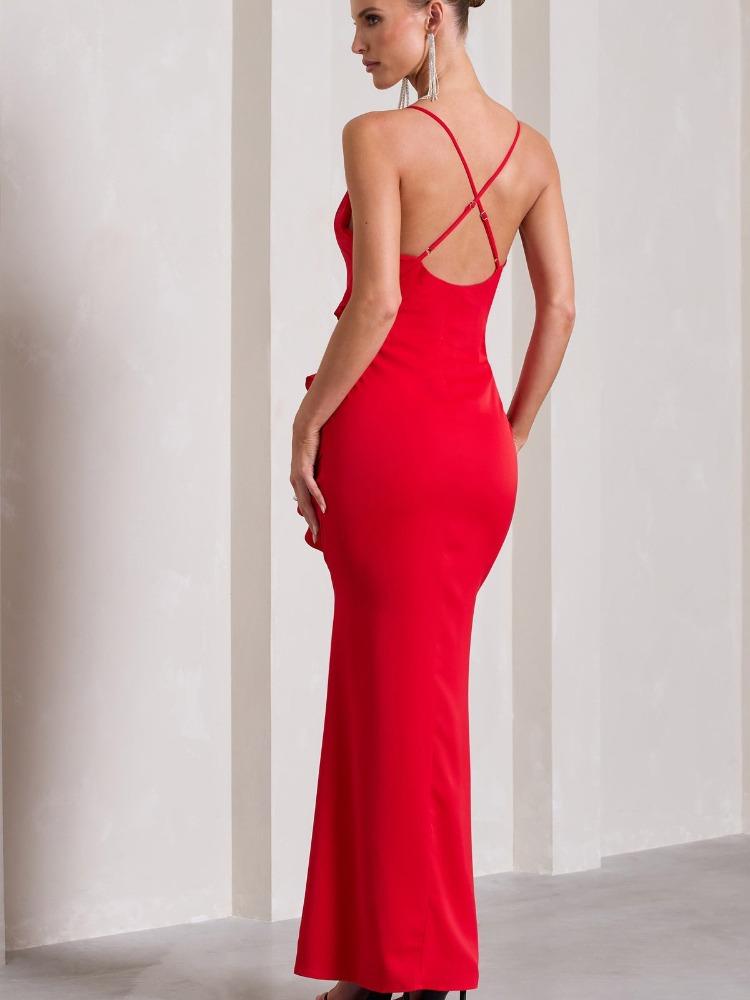 Backless Strapless Maxi Dress Women Summer V Neck Ruffles Side Slit Bodycon Party Dresses Black Red Evening Robes