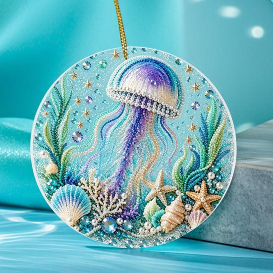 Handcrafted Sea Series Ornaments Ocean Theme Pearl Art Hanging Ornament, 2D Flat Acrylic Coastal Beach Home Decorations Life Suncatcher, Beaded