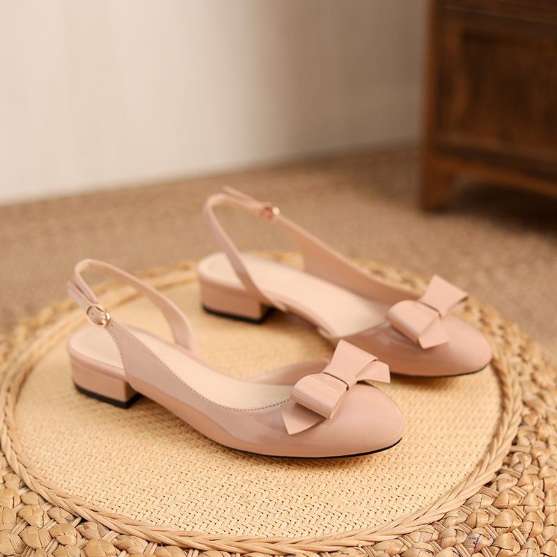 2025 New Bow Round Head Thick Heel High Heels Versatile Niche Bag Head Word with Sandals Women's Empty Single Shoes