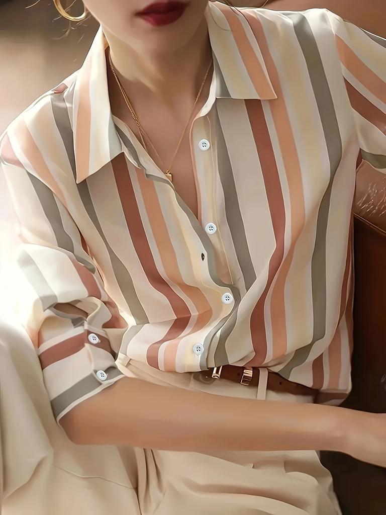 Ladies' Temperament Lapel Contrast Stripe Print Shirt