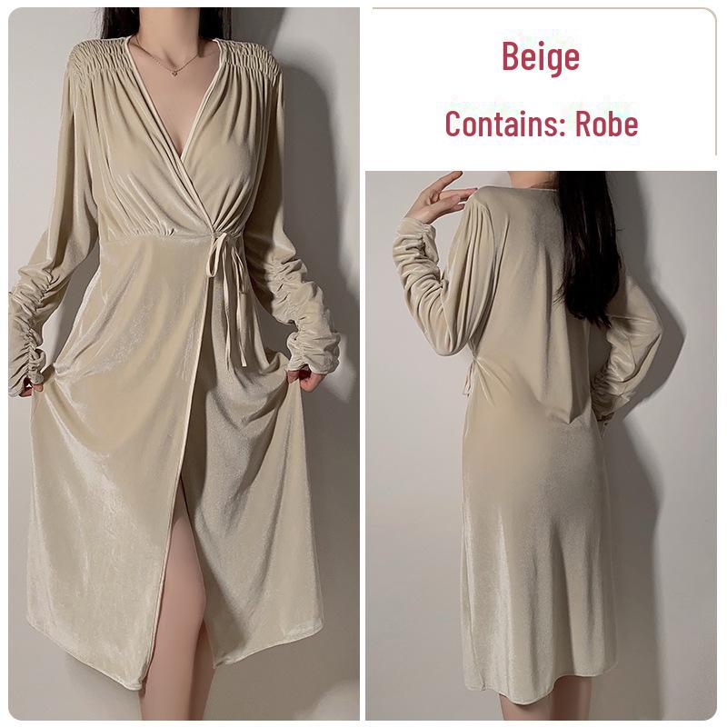 

Бархатный халат Guiruo со шнуровкой и сексуальными плиссированными манжетами на осень/зиму L бежевый