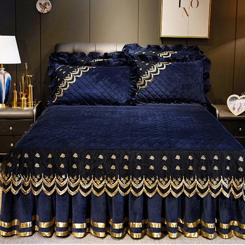 European-style Crystal Velvet Quilted Bed Skirt Single Piece Autumn Winter Thickened Lace Bedspread Bed Cover Non-slip Sheets