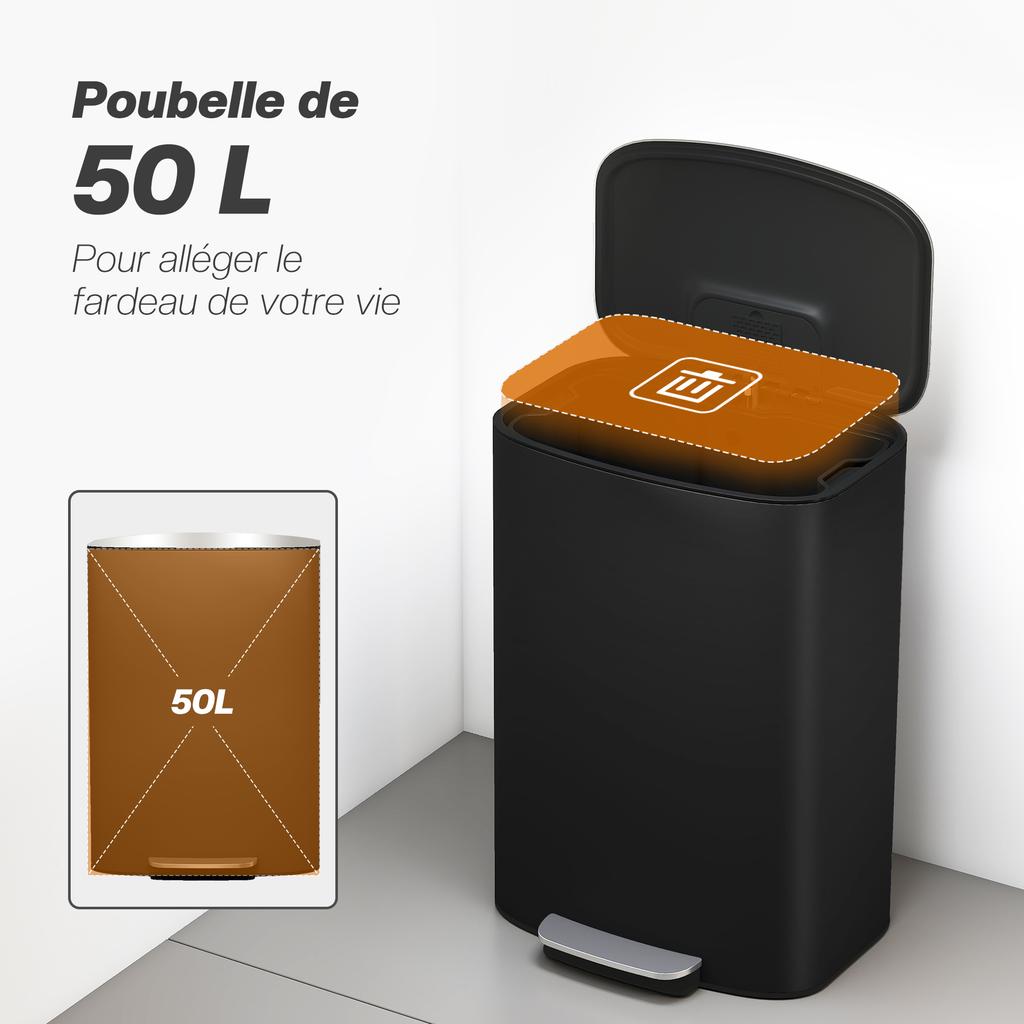 Kitchen Bin, 50 L, Pedal, Removable Inner Bucket, Soft-Close Lid, 45.1 x 36.5 x 62.6 cm, Black