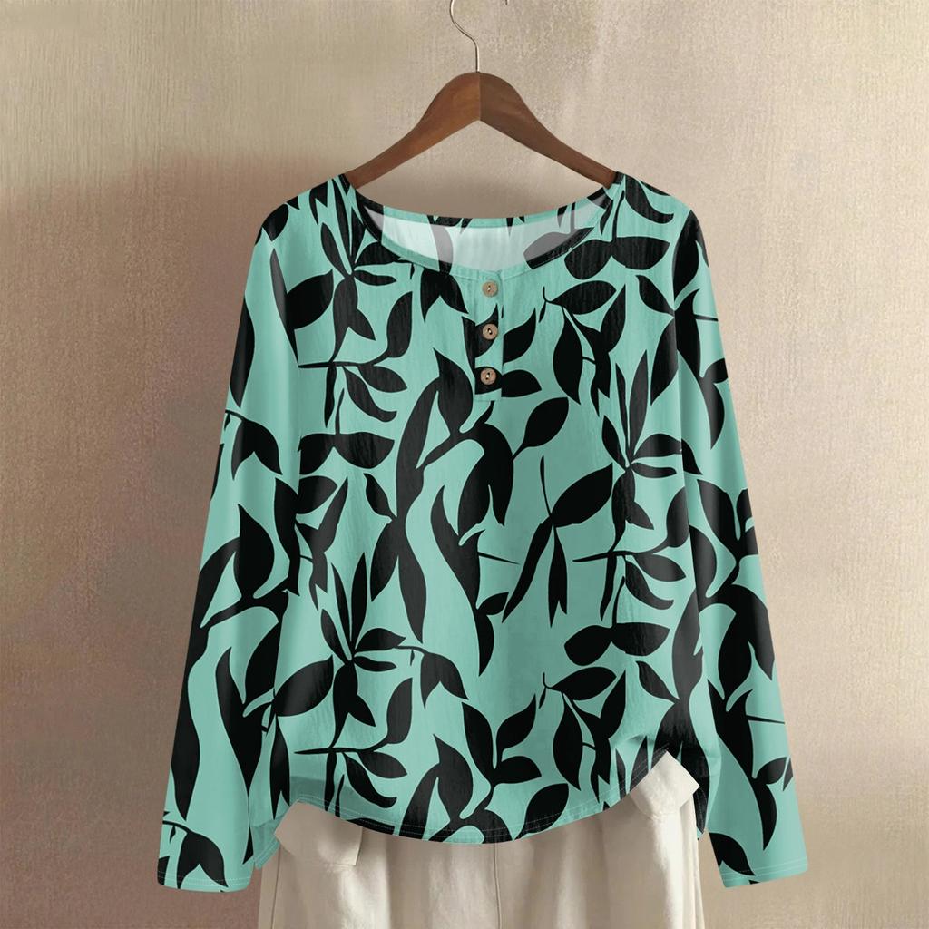 Women's Fashionable And Casual Shirt Long Sleeve Round Neck Solid-color Cotton And Linen Blouse Top