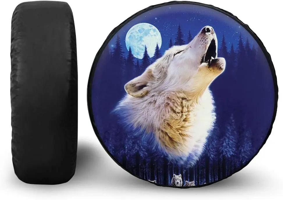White Wolf Roaring Moon Spare Tire Cover Wheel Protectors Water Dustproof Fit For RV SUV Truck Camper Travel Camping