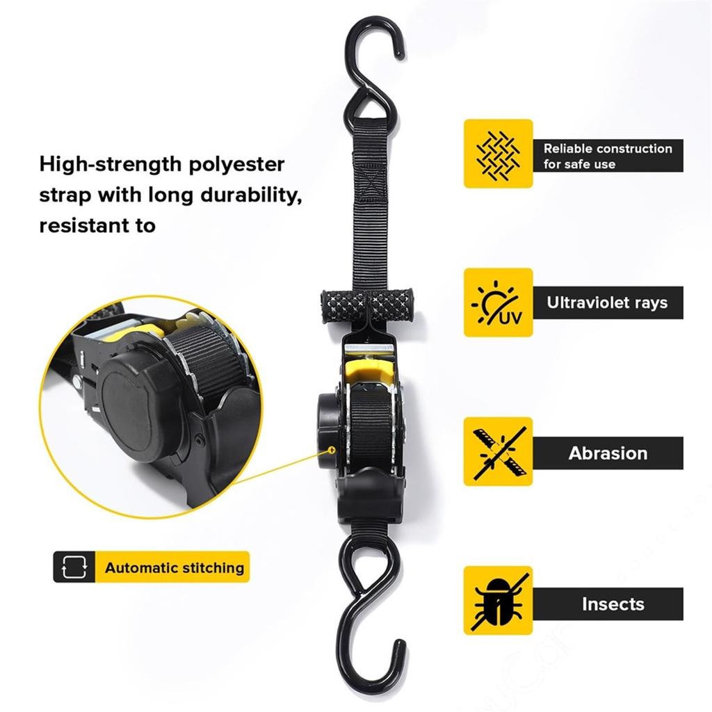 2Pcs Retractable Ratchet Tie Down Straps - 680kg Guaranteed Max Break Strength,Use for Boat, Securing Cargo