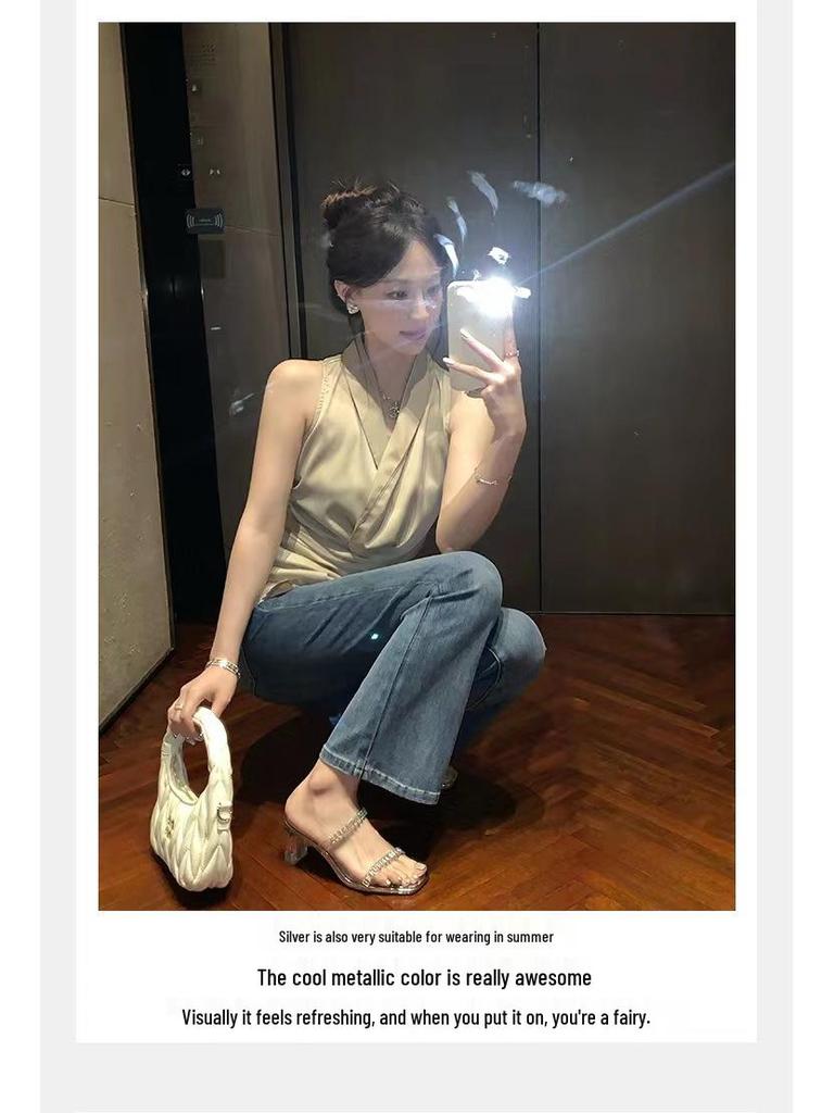 Summer 2025 Korean Fairy Square Toe Rhinestone Strap Transparent Chunky Heel Sandals for Women