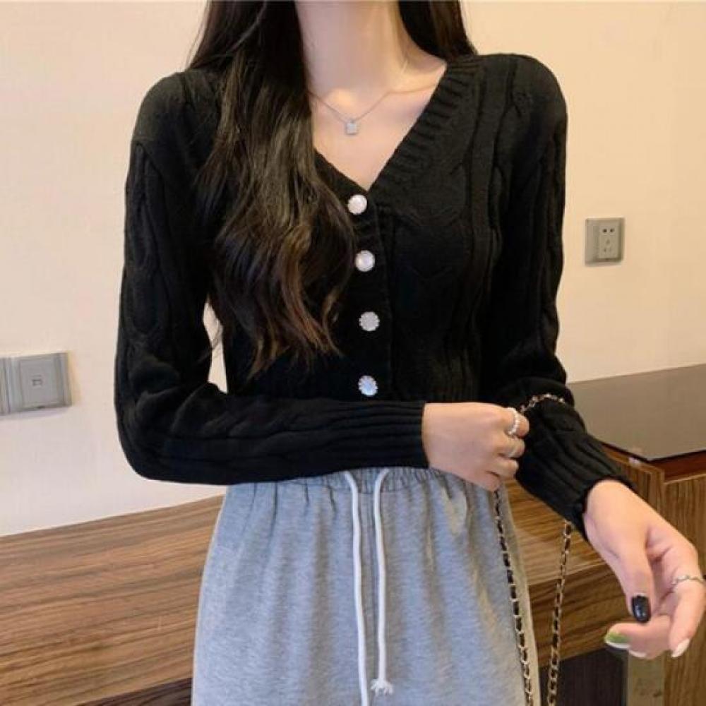 New ArriValS Open Run Women S Autumn V Neck Button Cable Knit Cropped Long SleeV
