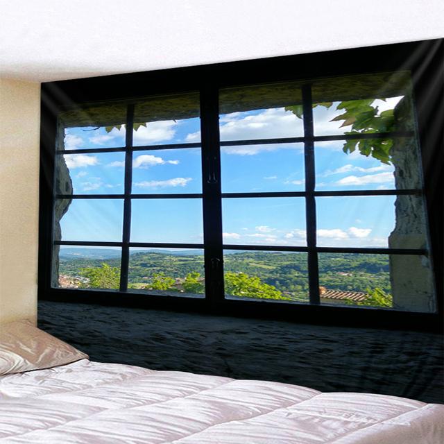 Fereastră tridimensională, peisaj naturii, agățat pe perete, tapiserie, decorare artistică, perdea suspendată pentru dormitor, sufragerie, decorare