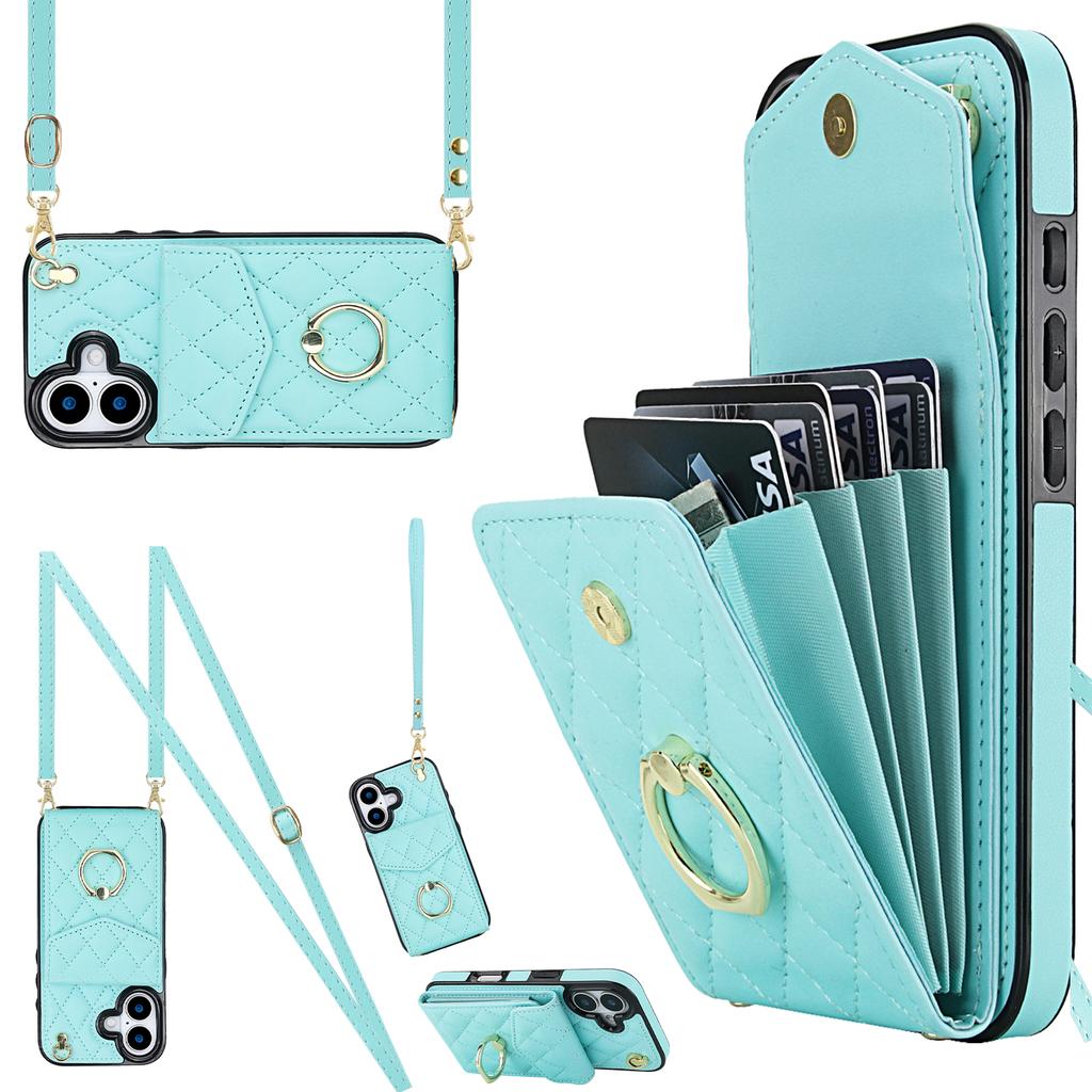 For iPhone 17 Case RFID Blocking Card Bag Leather + TPU Crossbody Phone Cover with Ring Kickstand