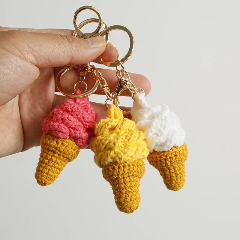 Handgehäkelte Eiscreme-Schlüsselanhänger Großhandel Süße Eiswaffel-Serie Häkel-Schlüsselanhänger Für Taschenanhänger Benutzerdefinierte Accessoires
