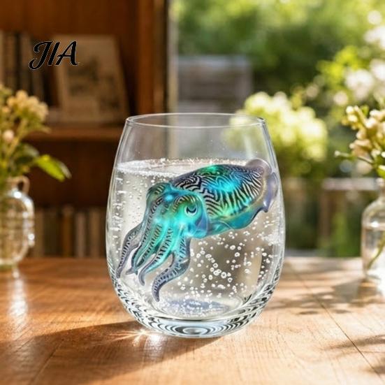 Durable Thick Base Glass Cups Stemless Wine Glasses with Marine Animal Pattern, 420ml Capacity, High Borosilicate Decorative Aesthetic Water Tumblers