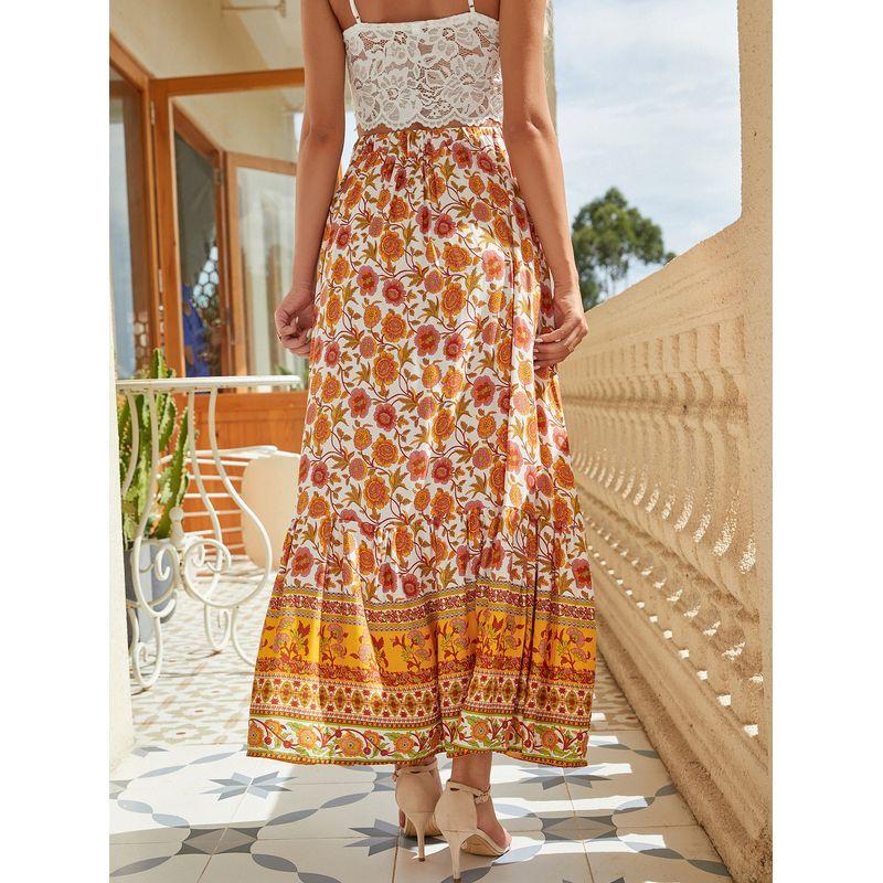 Bohemia Floral Single-Breasted Dress Seaside Cotton Silk