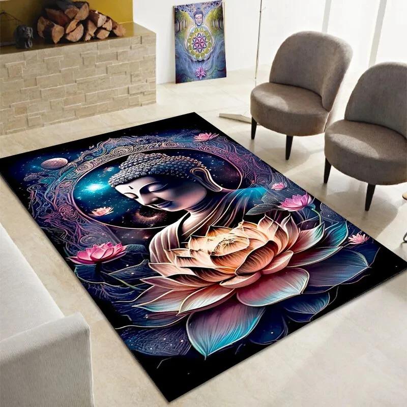 Buddha Gedruckter Teppich Tempel Gebet Bodenmatte Buddhismus Bereichsteppiche für Schlafzimmer Wohnzimmer Eingangsbereich Rutschfest Yoga Lounge Teppich