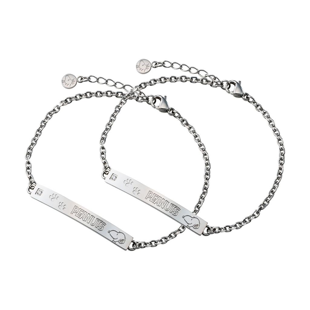 Sada 2 párů náramků Snoopy, hypoalergenní, chirurgická nerezová ocel, dřevěný otisk stopy, stříbro, stříbrné šperky, výročí, narozeniny.