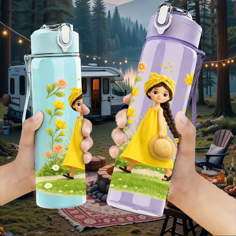 1PC Girl In Yellow Vintage Dress Print 750ml Color Plastic Sports Water Bottle Leakproof Flip Straw Lid Suitable for Sports Office Home Use