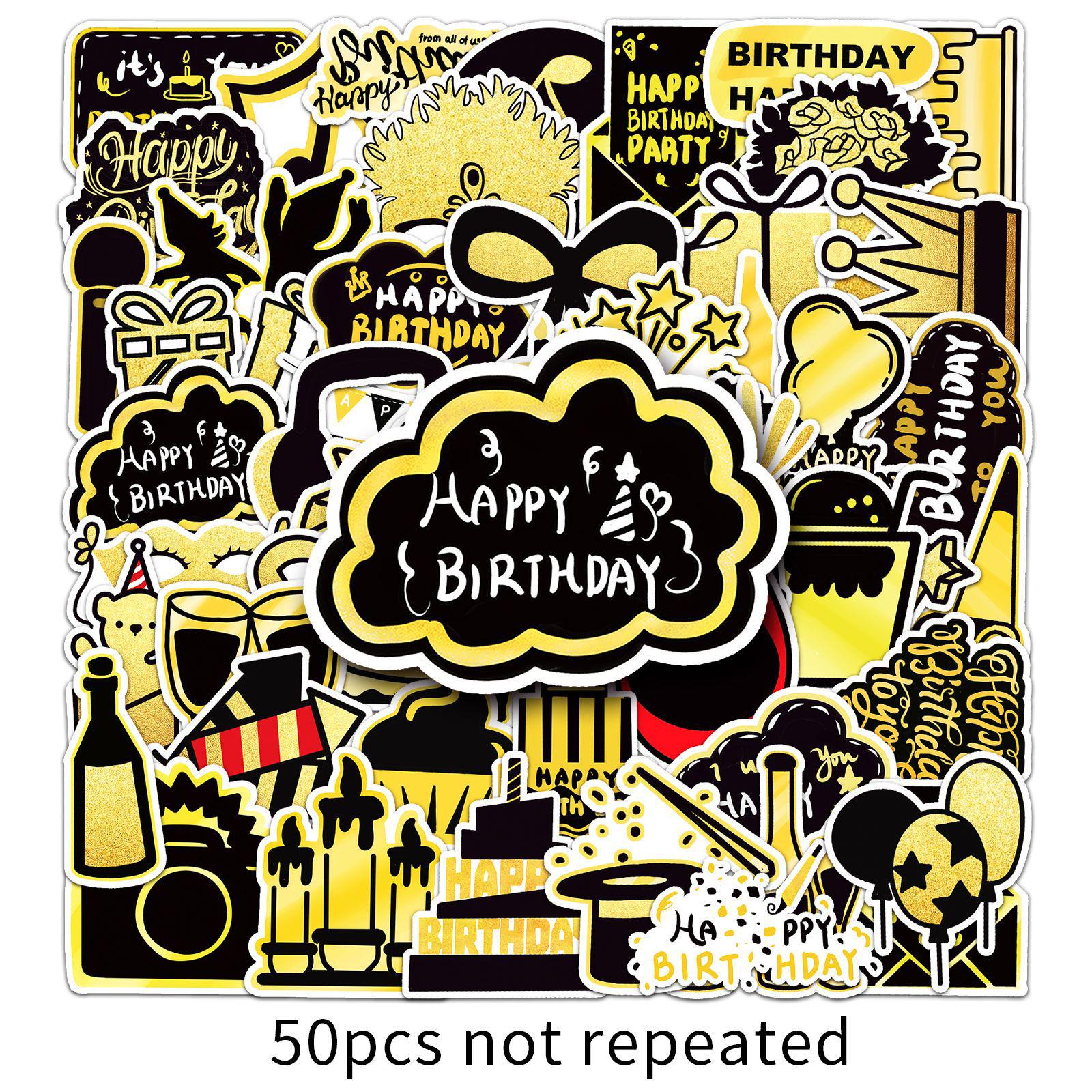50 Sheets Black Gold Birthday Journal Stickers: High-Grade, Creative, and Waterproof for Phone Case and Suitcase Decoration