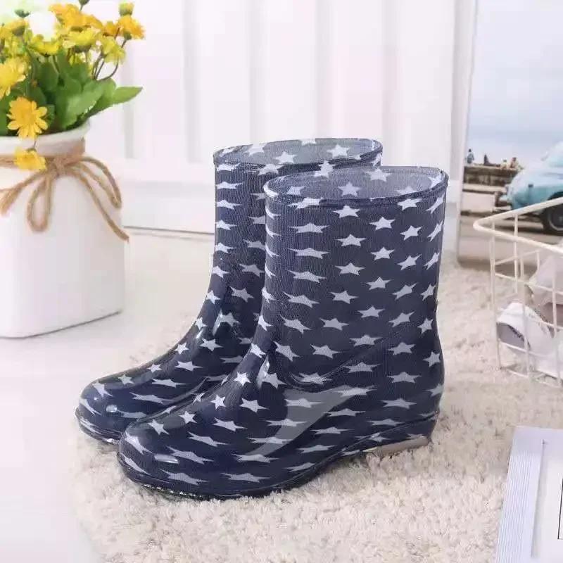 Fashion Print Rain Boots Women Waterproof Work Shoes for Girls Non Slip Anti Skip PVC Water Shoes Rainboots Mid-Calf Botas 2024
