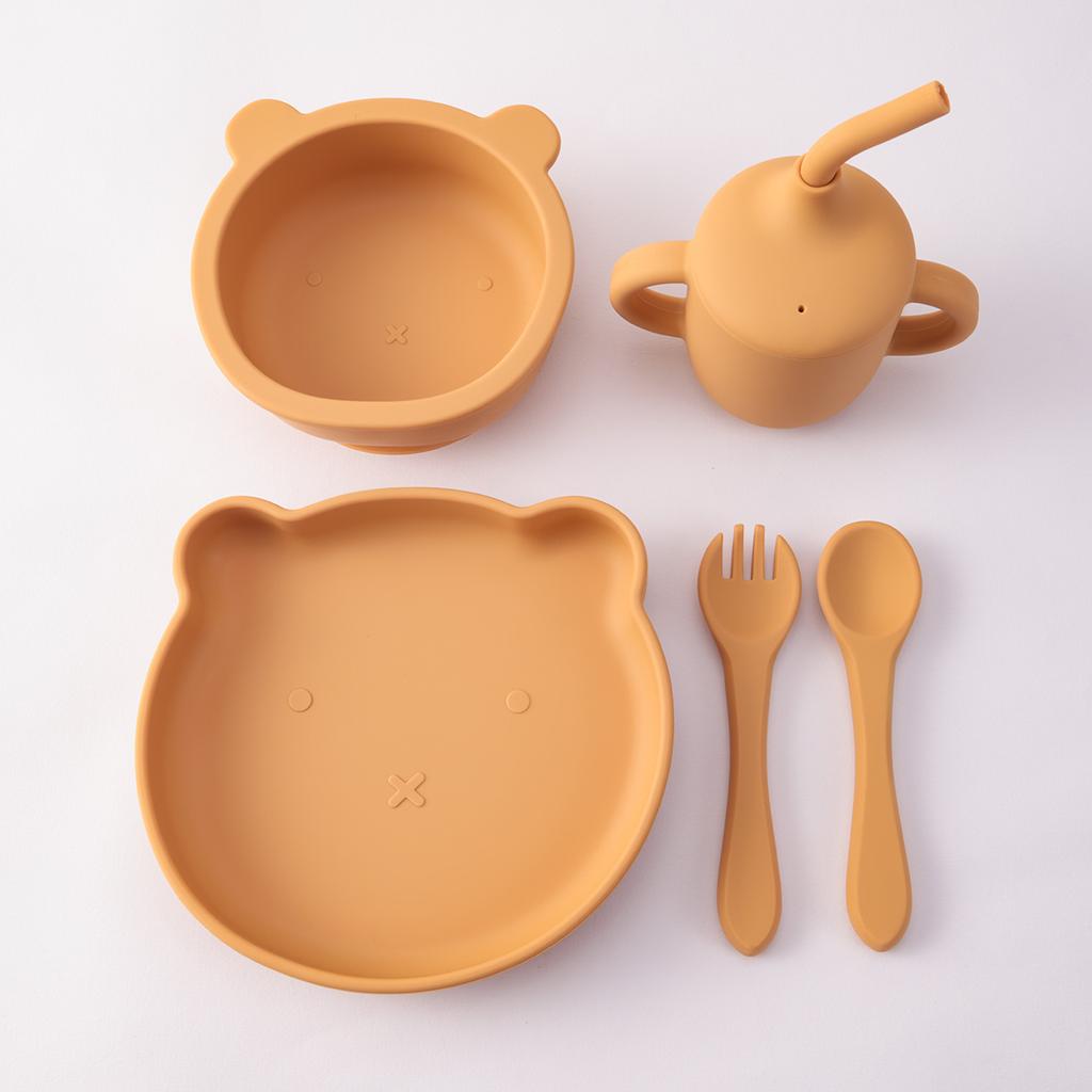 Color Kids 5PCS Silicone Feeding Set Bear Shape Dihes Plates Non-Slip Bowl Training Fork Spoon Sippy Cup High Quality Baby Stuff