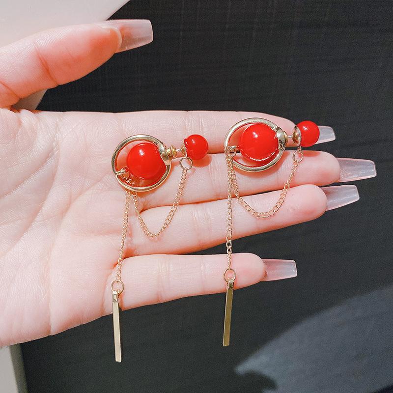Fashion Atmospheric Red Velvet Bow Earrings Femininity Sweet Flower Long Fringed Versatile Earrings