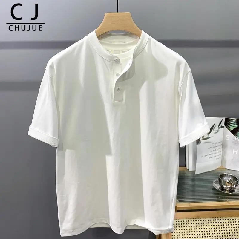 Men s Henley Neck Short Sleeve Solid Color Cotton T-Shirt L белый
