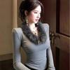2026 Autumn/Winter Furry V-neck Slim Short Top: Spicy Girl Vibe Versatile Long Sleeve T-shirt for Women.