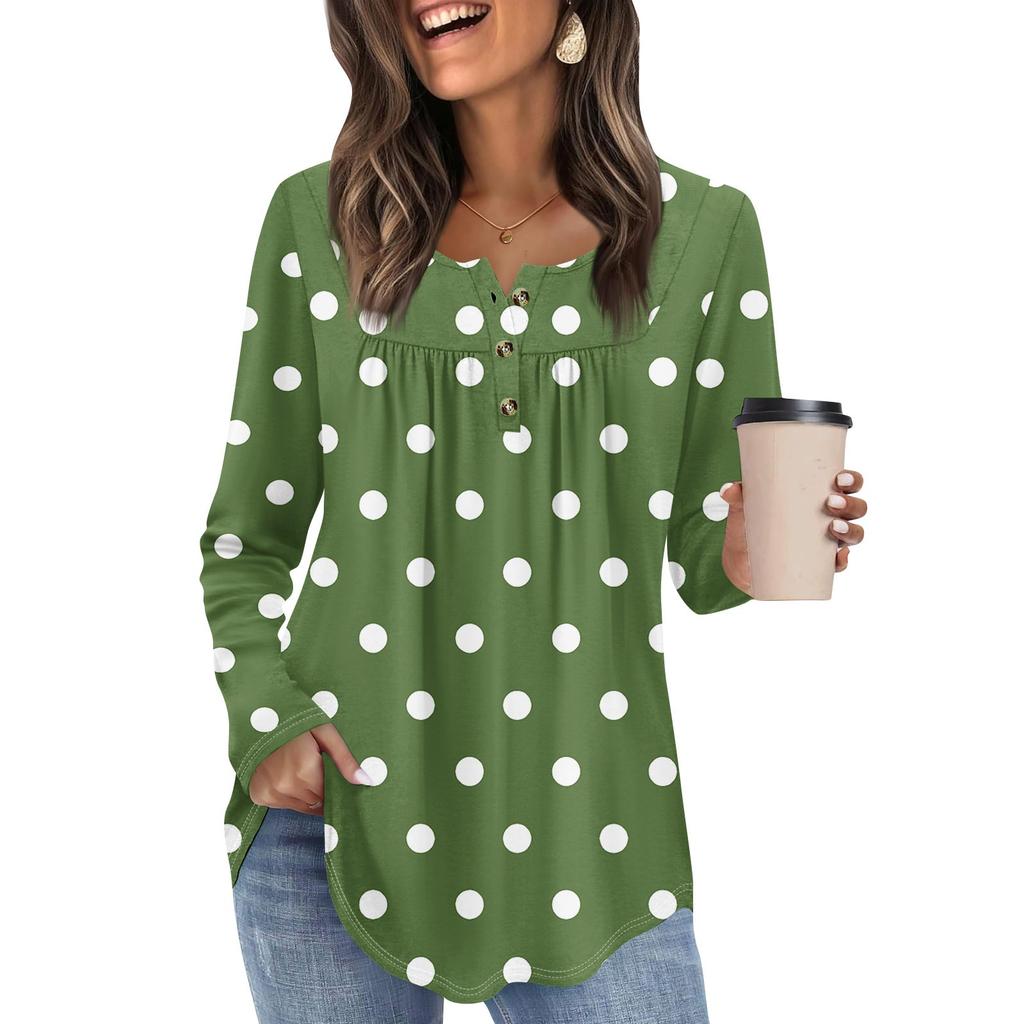 Women's Long Sleeve Tunic Loose Tops Casual Oversized Tops Pleated Tunic Button Down Casual Women's Print Tops