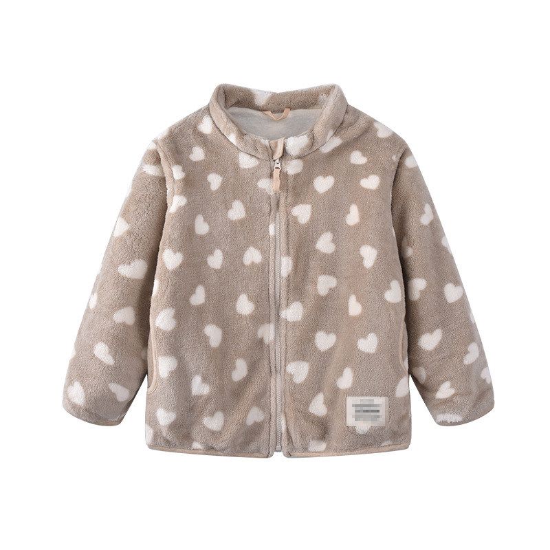 Children s Thickened Coral Fleece Jacket for Autumn and Winter, Boys and Girls Fleece Warm Clothing, Baby Fleece Cardigan Top Beige Love 100