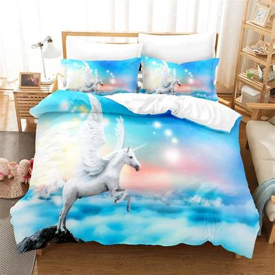 White Unicorn Duvet Cover Twin Size Cute Flying Horse Bedding Set For Teens Child Girls Microfiber Wild Animal Comforter Cover