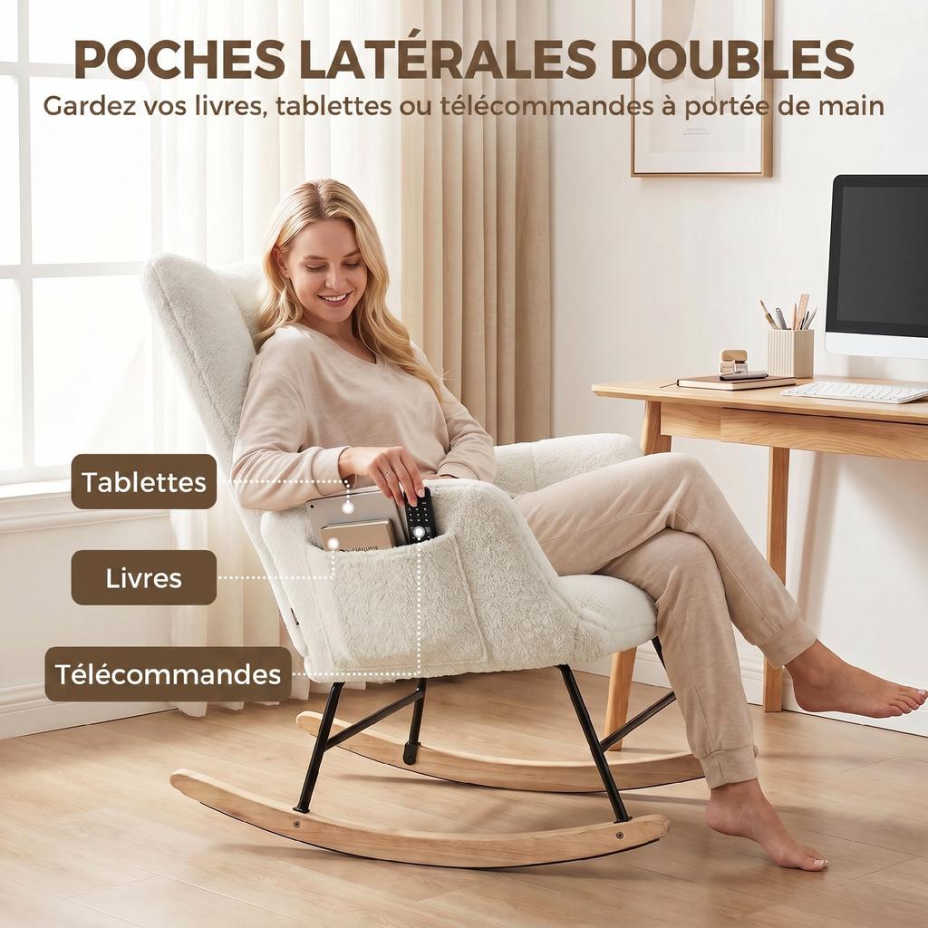 Rocking Chair, Padded Seat, Side Pockets, Cream