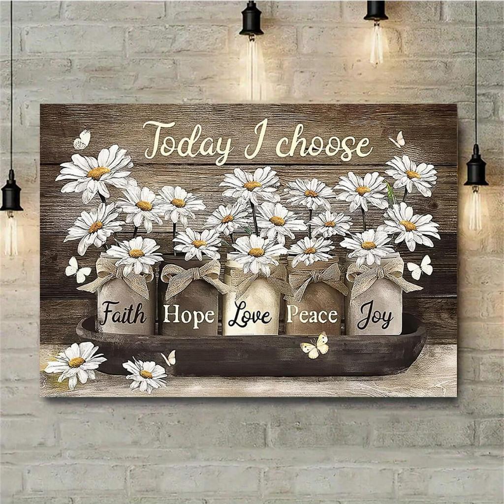 Retro Floral Wall Art: Daisy & Butterfly Canvas with Wooden Frame